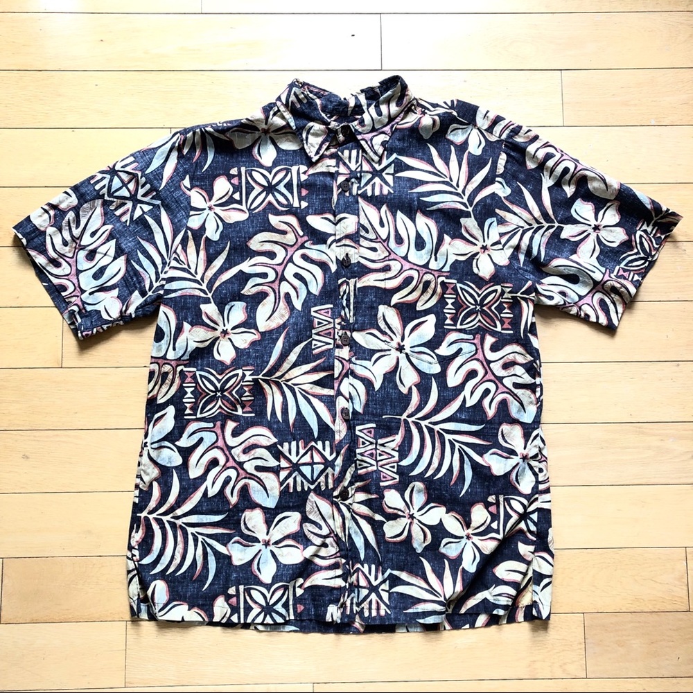 Hawaiian Shirt Black Tropical Motif Vintage